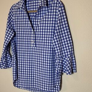TYLER BOE Blue/White Cotton Gingham Popover Top with 3/4 Sleeve with Bell size M